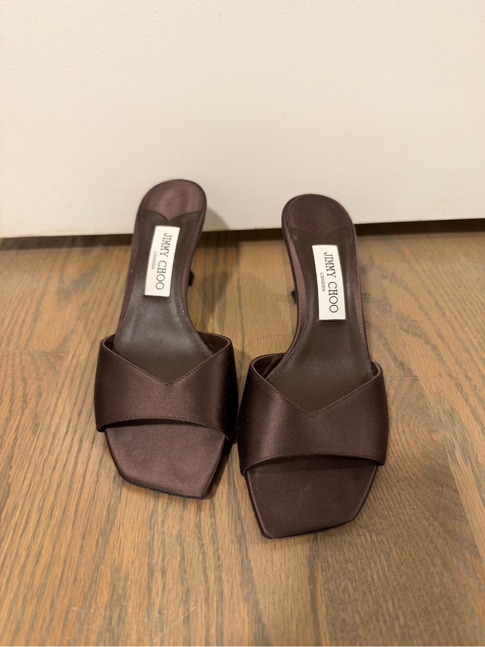 Jimmy Choo Brown Satin Square-Toe Slide kitten heel sandals